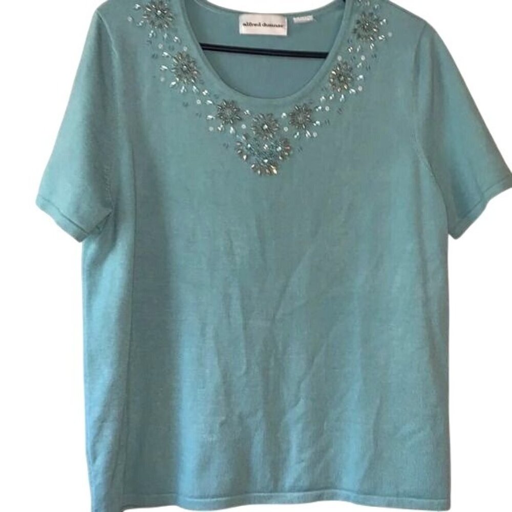 Alfred Dunner Embellished Short Sleeve Knit Top Aqua Blue Womens Size L